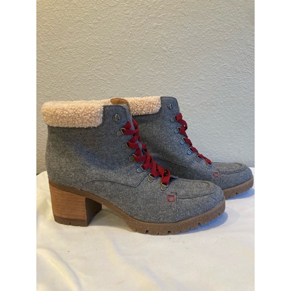 Korks Womens Gray Fabric Faux Fur Trim Lace Up Heel Ankle Boots Size 11M - Picture 1 of 11